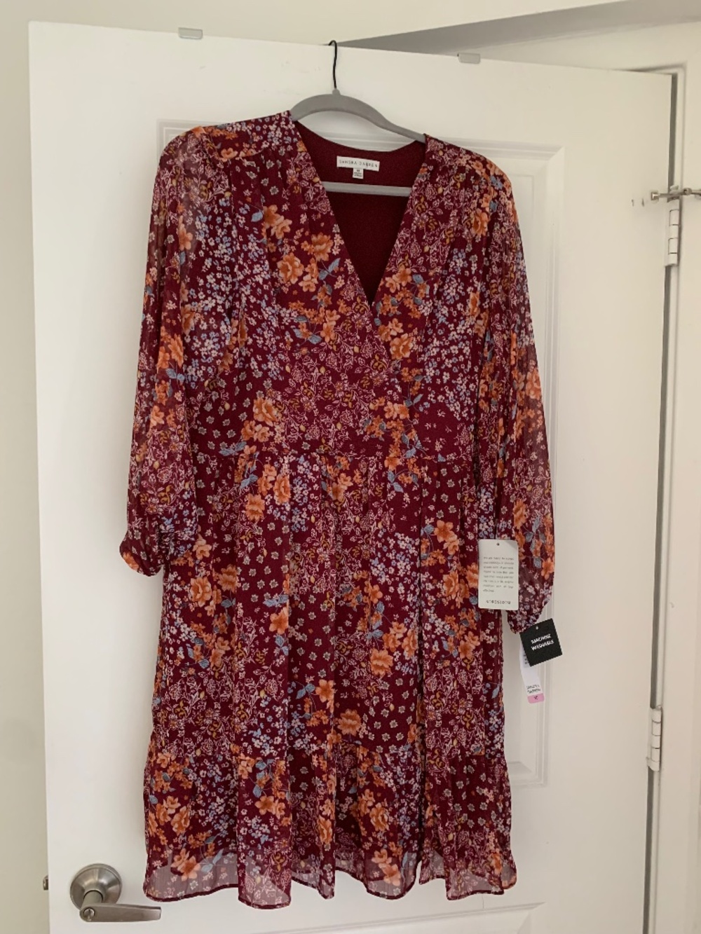 Sandra Darren Burgundy Floral V-Neck Dress Long Sleeve Size 10 NWT
